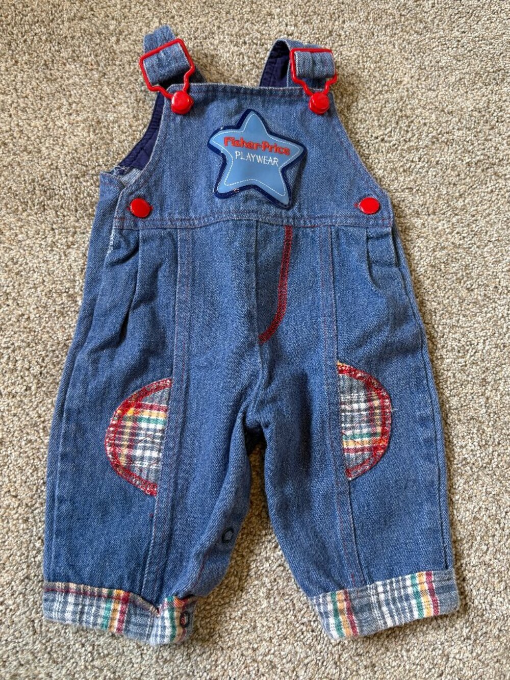 Vintage Kids Overalls Fisher Price Play Wear 0-6 months plaid  Cuffs